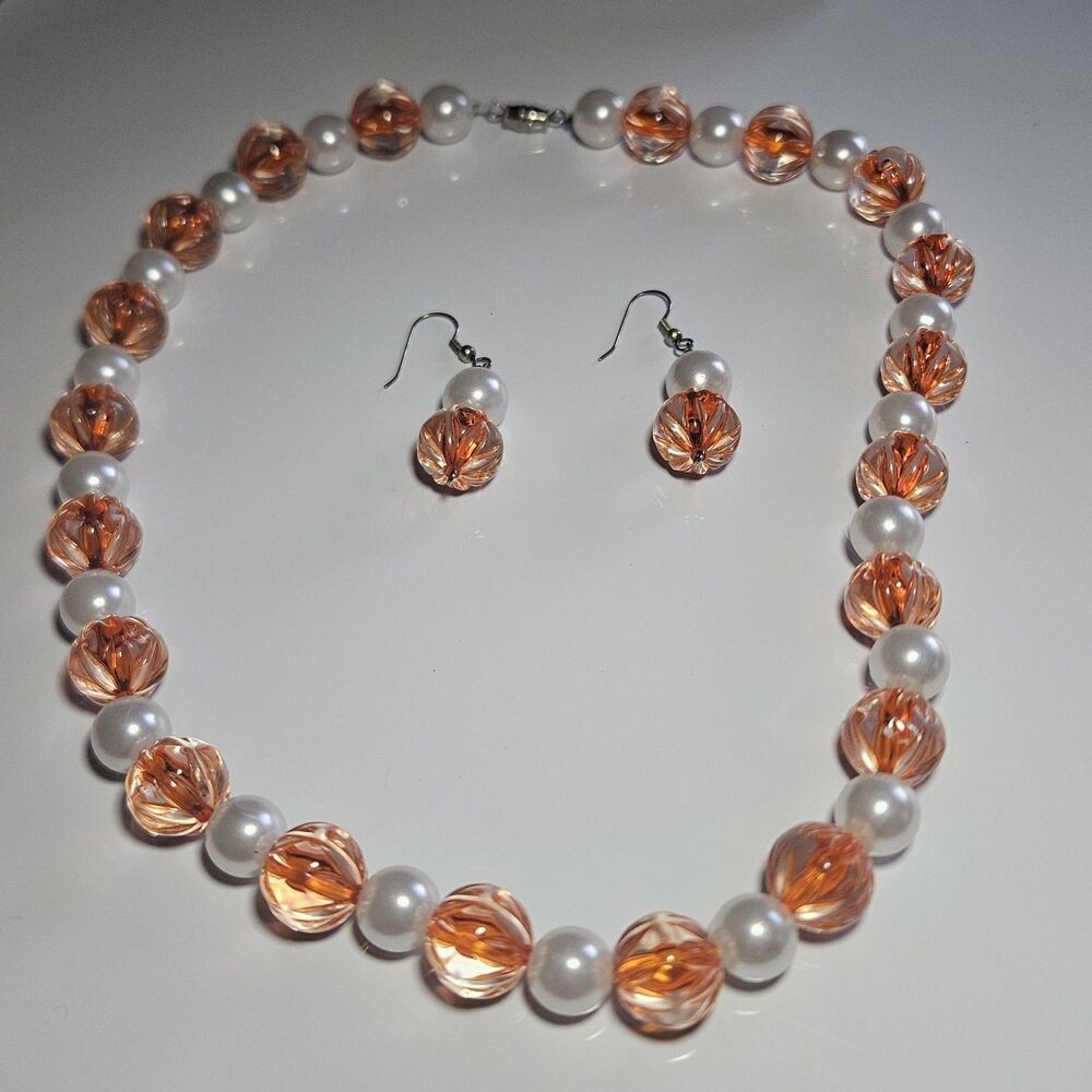 Orange And Faux Pearl Beaded Necklace (21.5") And Earring Set
